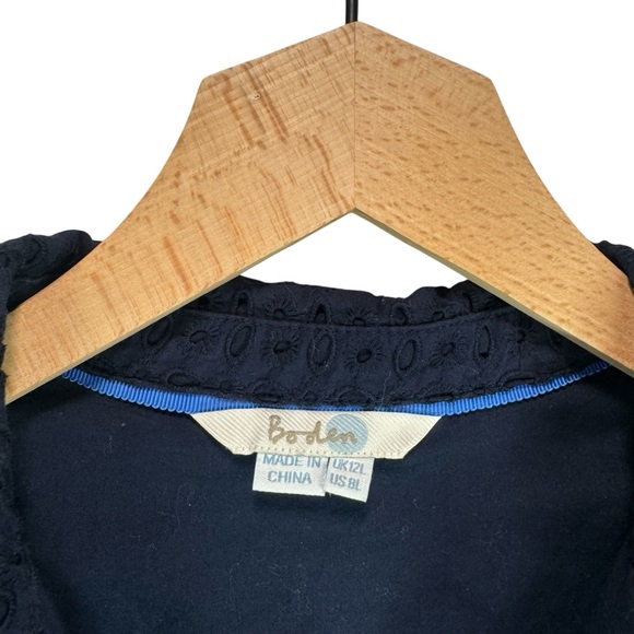 Boden Navy Eyelet Midi Dress Size 8 Long Button Front Sleeveless Cotton Office - Picture 2 of 9